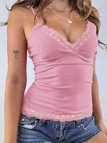 Top de tirantes finos estilo Y2K, de color sólido, sin espalda, ajustado y sexy, con encaje, estilo urbano para graduaciones, ideal para la playa en verano, citas, festivales de música, 4 de julio y más ocasiones informales. - Rosa 2 - Ver 9