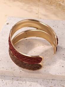 1pc Handmade Bohemian Style Dual-Tone Open Bangle Bracelet, Intricate & Textured Design, Suitable For Travel, Vacation, Party, Afternoon Tea, Music Festival And Daily Wear - Brown - View 6
