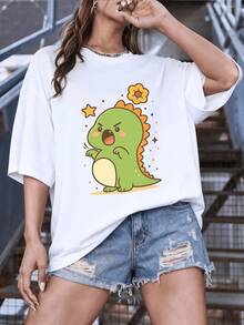 Cute Green Dinosaur Surrounded By Stars And A Flower That Conveys Cheerful And Fun Energy. Women's T-Shirt, 100% Cotton, Y2k T-Shirt Shirt - 白色 - 查看 7