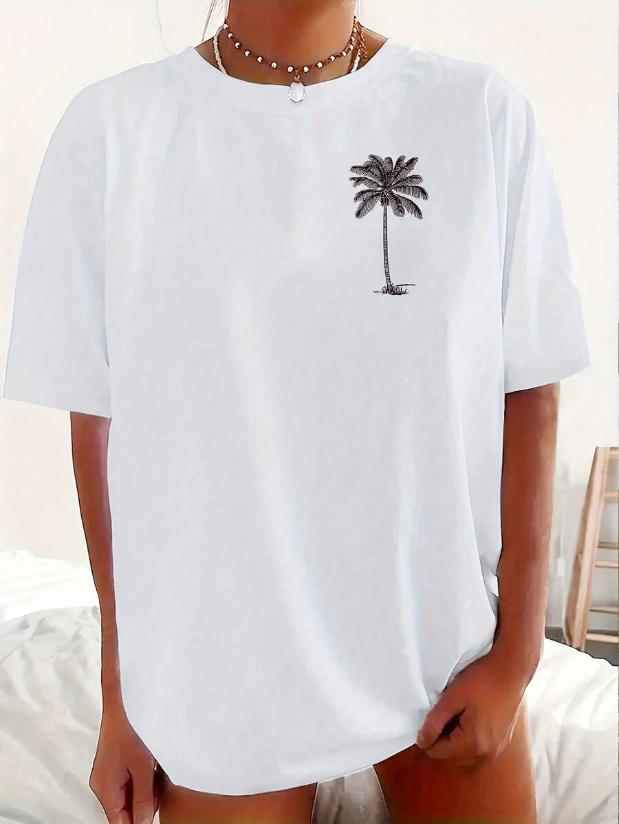 Camiseta de Hombros Caídos con Estampado de Cocotero, Manga Corta, Cuello Redondo, Estilo Casual para Primavera y Verano, Ropa de Mujer Y2k - Negro - Ver 1