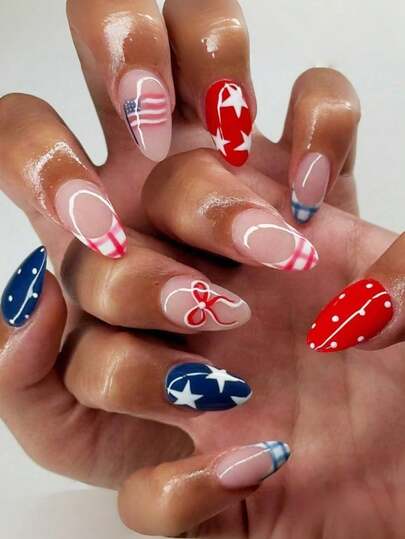 24 miếng dán móng tay hình cờ Mỹ, bao gồm kiểu móng tay Pháp với họa tiết ngôi sao đỏ trắng xanh, nơ trang trí, móng giả hình bầu dục có thể tái sử dụng, thích hợp cho ngày Quốc khánh và ngày Tưởng niệm.
