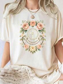 1 Catholic Marian T-Shirt, Catholic Gift, Catholic Marian Religious T-Shirt, Christian Faith Clothing, Floral Religious T-Shirts For Women, T-Shirt With Cross, Cute Summer T-Shirts For Women, Printed Round Neck T-Shirt, Graphic T-Shirts For Women, 180g 100% Cotton, All Designs Are Printed. Unisex. - 白色007 - 查看 12