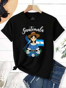 Camiseta Negra con Diseño de Mujer Tradicional Guatemalteca con Bandera y Pájaro, Top Casual para Mujer, Regalo Cultural para Amantes de Guatemala, para el Verano - Negro - Ver 3