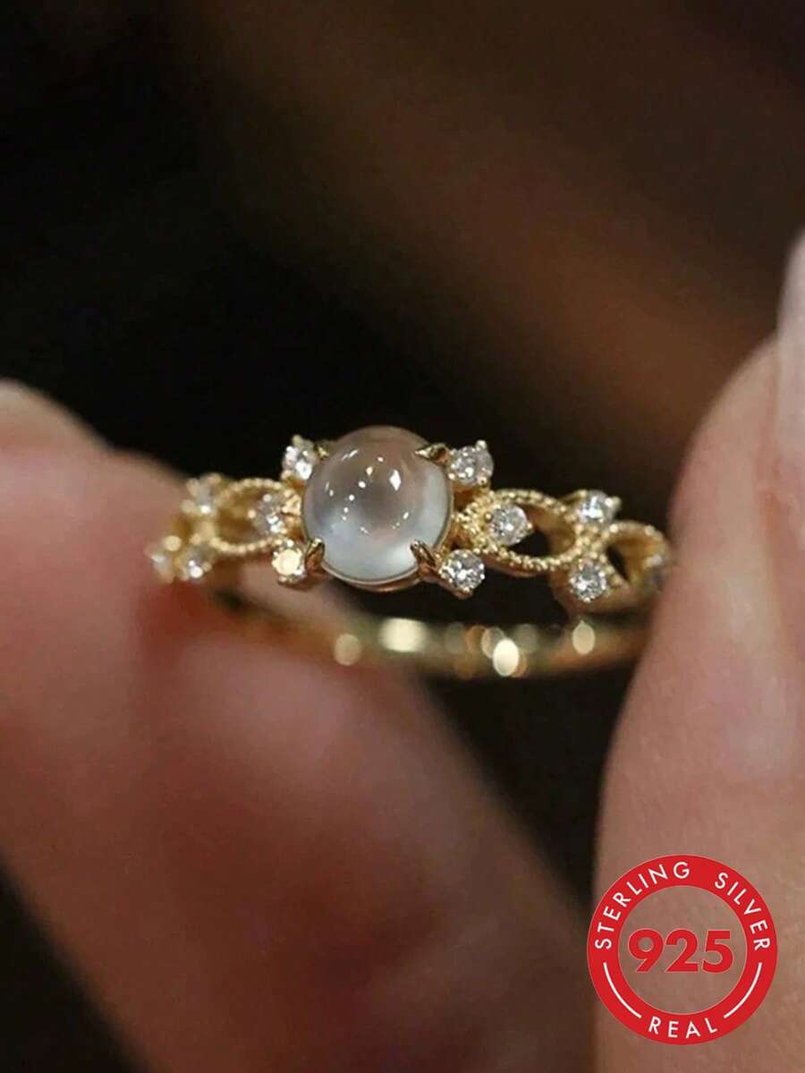 1枚925纯银复古月光石戒指，镶嵌钻石，适合女士日常佩戴和派对配饰，高品质女士戒指，精致珠宝礼品