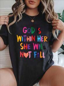Women's Casual Short-Sleeve T-Shirt - "God Is Within Her, She Will Not Fall" Psalm 46:5, Crew Neck, Summer Top, Machine Washable, Ladies' T-Shirts, Casual Wear, Modern Style, Comfortable Fit

-White - 黑色 - 查看 1