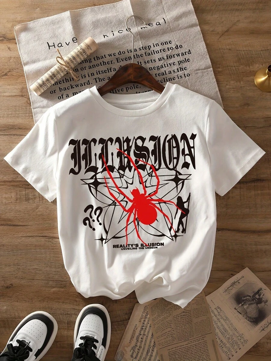 Camiseta con Estampado Gráfico, Manga Corta, Cuello Redondo, Estilo Casual para Verano y Primavera, Ropa de Mujer Y2k - Blanco - Ver 1