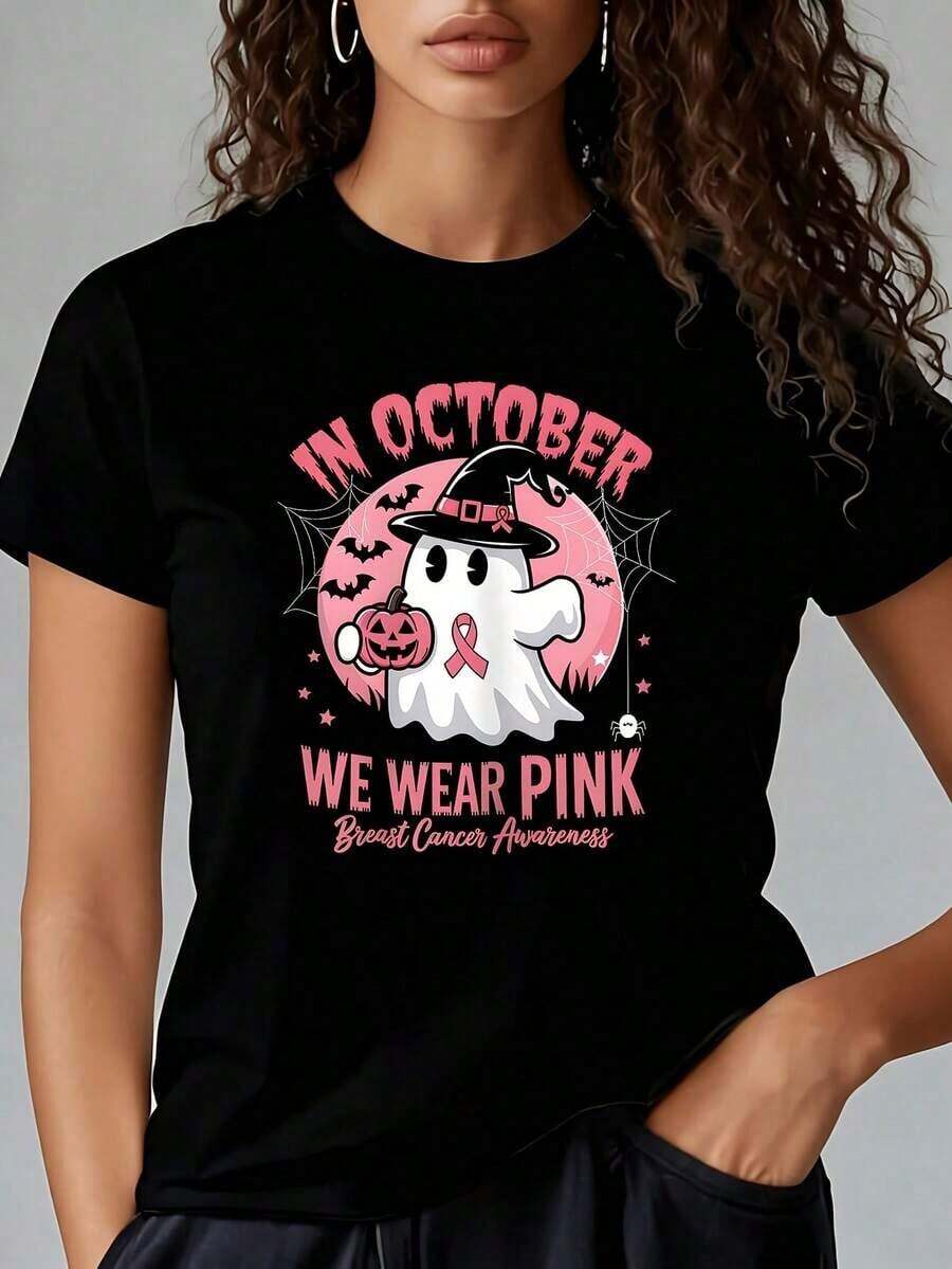 1 camiseta de concientización sobre el cáncer de mama para mujer, para usar en Halloween en octubre, color rosa. 1 camiseta de mujer, divertida, de gran tamaño, con estampado gráfico, de manga corta, novedosa, 100% algodón, cuello redondo, informal, 180g. 100% algodón, los diseños están impresos. Unisexo. - Negro - Ver 1