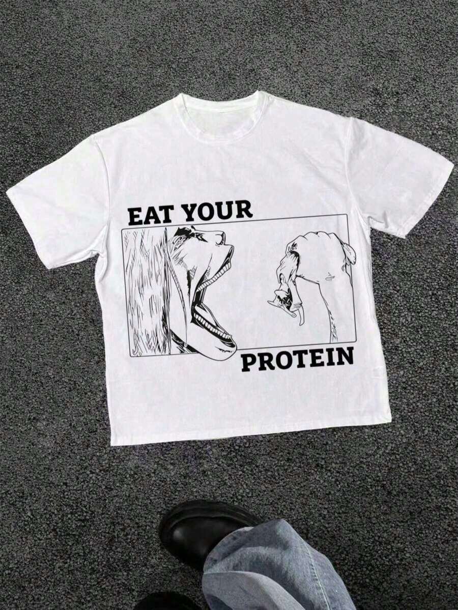 1 camiseta gráfica "Eat Your Protein", cómoda y casual de manga corta, 220 gramos de algodón de peso pesado, camiseta estampada de 180g 100% algodón, los diseños están completamente impresos. Unisexo. - Blanco - Ver 1