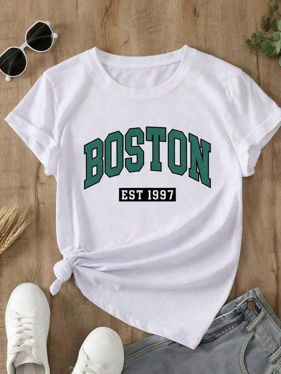 1 pieza de camisetas de mujer, corte holgado casual, camisetas para vacaciones, camisetas con estampado de letras, camisetas estampadas para mujer, camisetas de 180g 100% algodón.Suitable for spring, summer and autumnmaija mujer - Blanco - Ver 1