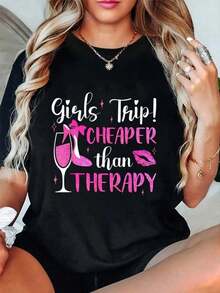 Camiseta Vintage Holgada Mujer con Estampado de Letras Casual Diario 100% Algodón para Viajes de Chicas Más Barata que una Terapia Divertida para Fiestas de Vino de Fin de Semana Camiseta Vintage de Corte Relajado para Mujer Tops Suaves Premium con Estampado Cuello Redondo Camisetas de Moda Camiseta Oversize Mujer Estampado 100% Algodón Puro - Negro - Ver 1