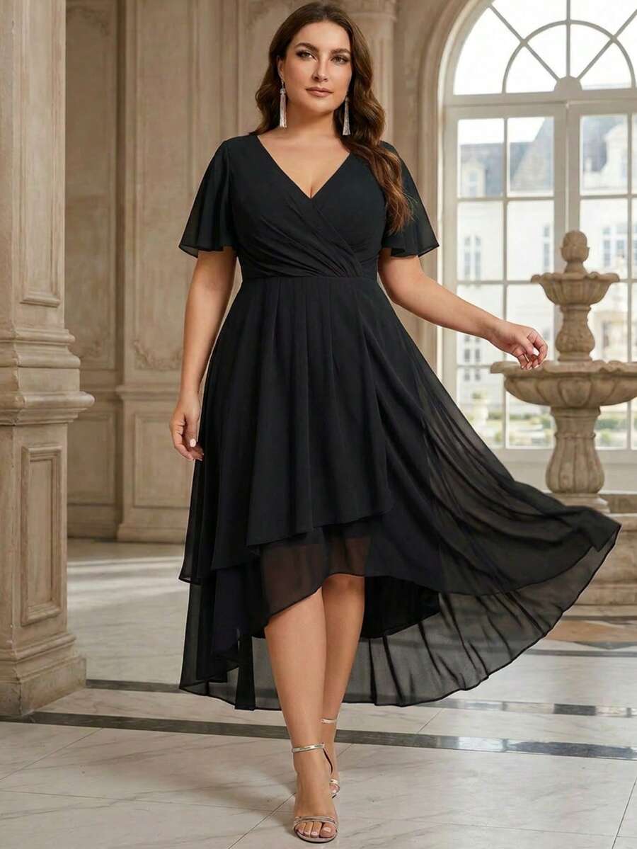 EVERPRETTY Plus Size Elegant Chiffon V-Neck Ruched Black Wedding Guest Dress With Soft High-Low Ruffle Hem, Suitable For Wedding Ceremony And Formal Dinner