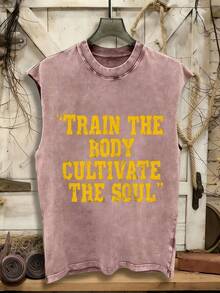 Summer Tops2026100% Cotton Sleeveless Vest 210G Washed T-Shirt 'TRAIN THE BODY CULTIVATE THE SOUL' - Vintage Distressed Fitness Tank Top For Men & Wom - 咖啡棕 - 查看 12