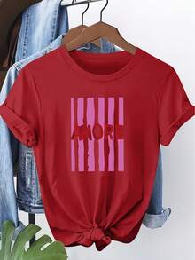Women's Short-Sleeved T-Shirt, Modern With A Romantic Striped Print And The Word "AMORE," Round Neck, Machine Washable, Comfortable, Soft, And Breathable, Suitable For Spring, Summer, And Autumn. Unique, Fresh, Casual, And Fashionable, Ideal For Everyday Wear And For Work. A Simple And Versatile Garment Suitable For Various Occasions Such As Dates And Sports Activities. - 紅色 - 查看 1