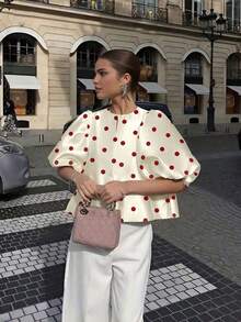 2026 Spring/Summer New Fashionable Elegant Sexy French Retro Casual Street Business Office Wear Daily Commute Satin Round Neck Puff Sleeve White Blouse, Polka Dot Blouse, Women's Valentine's Day Outfit - Red and White - View 7