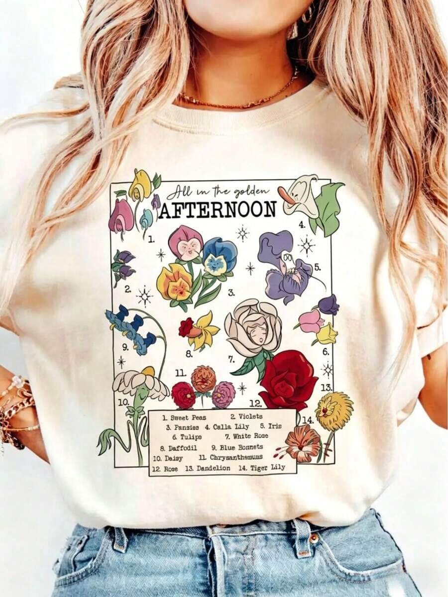 Camiseta Vintage de Alicia en el País de las Maravillas para Mujer - Manga Corta Casual con Cuello Redondo, Estampado Duradero, Lavable a Máquina, Ideal para Viajes, Picnics, Playa y Fiestas. - [Blanco] - Ver 1