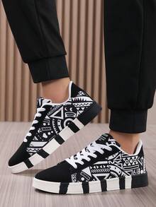 Men's Lace-Up Casual Canvas Sneakers With Colorblock & Graffiti Letter Print - Black and White - View 8