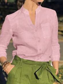 Camisa de mujer de unicolor con cuello en V y botones - Blusa casual y elegante de manga larga con detalle de bolsillo, adecuada para vacaciones, viajes y uso diario, artículo esencial para primavera, verano, otoño e invierno - Rosa Pálido - Ver 2