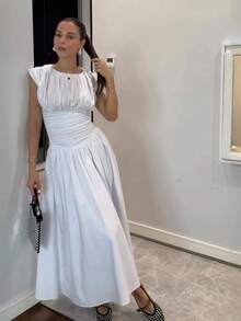 New Women's Dress 2026, Sweet And Seductive Style, Fitted At The Waist, Slimming, A-Line Skirt, French Style For Young Women, With Pleats And Attached Seams, Short Sleeve, Mid-Length Skirt - 白色 - 查看 2