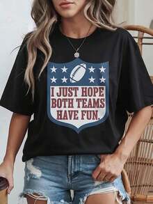 Women's Plus Size Short Sleeve T-Shirt For American Football Fans, With Logo Print And Slogan "Just Hope Both Teams Have Fun", Shiny Crew Neck, Casual Top, Machine Washable, For Game Day And Casual Wear (1XL-5XL) Leisure - 黑色 - 查看 2