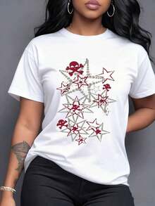 Red And Silver Stars Intertwined With Red Skulls And Crossbones. A Dynamic And Bold Visual Pattern, A Unique Fashion Statement With Rebellious Touches. Women's 100% Cotton T-Shirt, Comfortable, Casual, Youthful, Urban. - 白色 - 查看 7