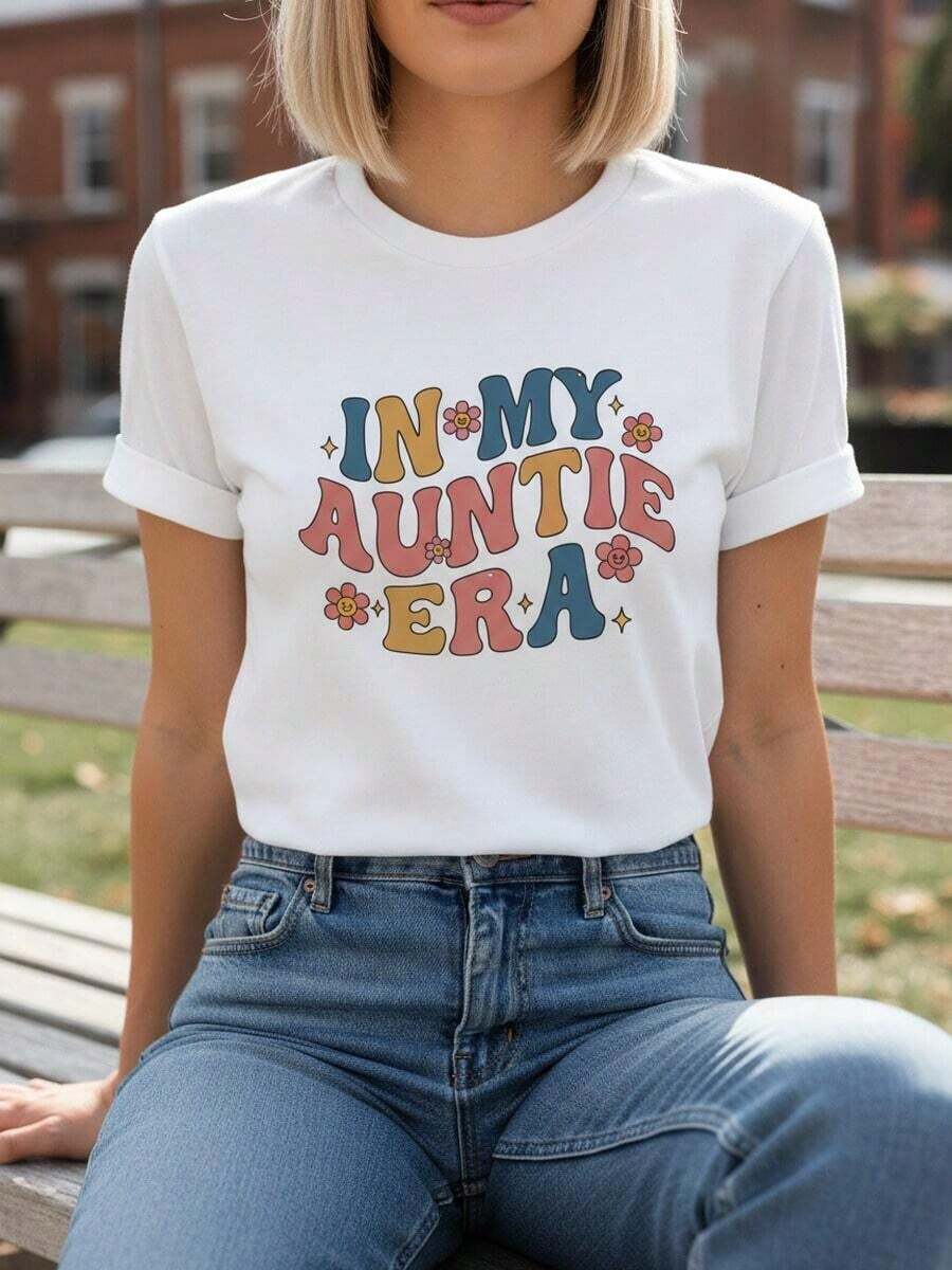 "In My Auntie Era" Short Sleeve T-Shirt, 100% Cotton, Crew Neck, Retro Style, Wavy Font, Graphic Tee, Cool Gift For Aunt, Sister, Gift To Announce The Arrival Of A New Aunt, Vintage Style Aesthetic Top, Fun Family Clothing, Soft, Breathable, Casual, Summer Fashion - 1Leisure - 白色 4 - 查看 1