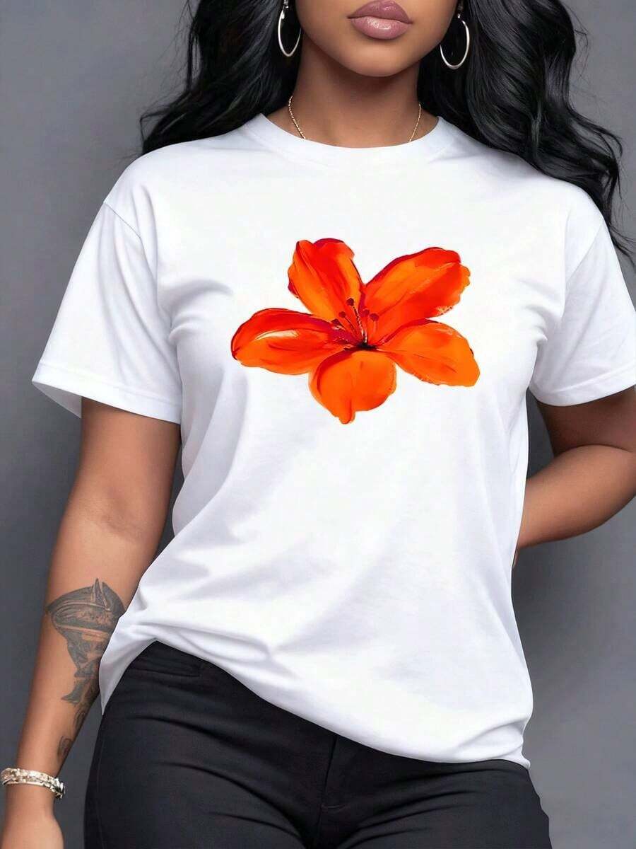 A Vibrant Orange And Red Flower Majestically Unfurls Its Petals, Symbolizing Passion, Vital Energy, And A Touch Of Radiant Nature That Enchants. Women's T-Shirt, 100% Soft, Cool Cotton, Perfect For Casual Summer Wear, Maija Women's Curvy Style. - 白色 - 查看 1