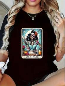 Camiseta de mujer con estampado de temática sobre la abstención de drogas - Divertida y colorida camiseta de manga corta con diseño de calaveras, hecha de tela suave y cómoda, estilo casual y versátil, adecuada para fiestas, entrenamientos, uso diario y disfraces de Halloween (lavable a máquina). - Negro - Ver 7