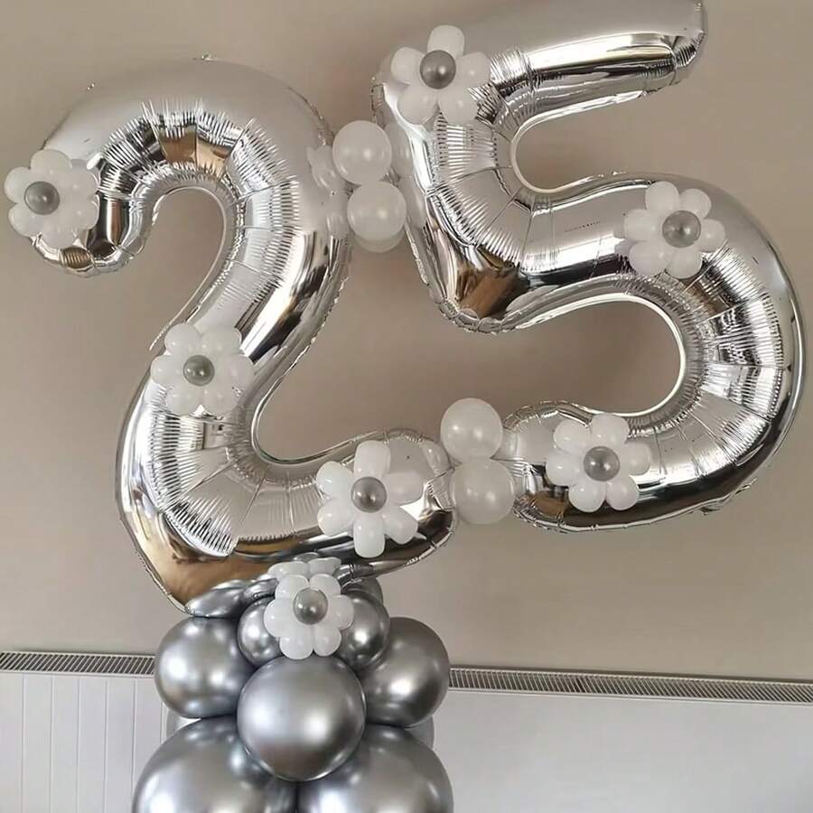 1pc 32 Inch Large Silver Number Foil Balloon, Suitable For Birthday Party Decoration, First Birthday Scene Arrangement, Atmosphere Background Decoration, Anniversary Decoration, Wedding Decoration, Valentine's Day, Mother's Day, Christmas Decoration, Indoor And Outdoor Decoration, Home Decoration, Room Decoration, Graduation Ceremony Decoration - Silver - View 1