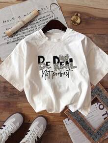 Women's Casual Short Sleeve Round Neck Drop Shoulder T-Shirt Be Real Not Perfect Leopard Print Top - Blanco - Ver 3