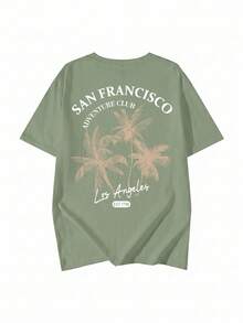 Dam lös retro semester-T-shirt, San Francisco palmträdstryck, avslappnad lös passform, gatu- och strandkläder för sommaren - Olivgrön - Visa 3