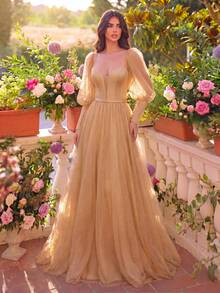 Faeriesty Đầm dạ hội cổ vuông thanh lịch với tay phồng và họa tiết chấm bi, thích hợp cho đám cưới ngoài trời, chụp ảnh chân dung lãng mạn, hoặc chụp ảnh cưới theo phong cách thời trang. - Màu Khaki - Xem 1