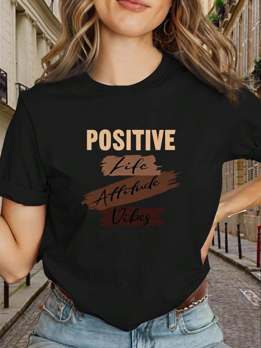 Women's Y2K Style T-Shirt With Geometric Print And Logo, High Quality Wholesale Designer Style, With The Phrase "Positive Lifestyle Vibe, Brown Lettering" - Slim Fit, Short Sleeve, Casual Summer T-Shirt In Black And Gold, Machine Washable Stretch Fabric (Wrinkle-Resistant), New 2026 Collection - 100% Breathable Cotton - 黑色 - 查看 1