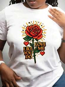 Women's Fashionable Casual T-Shirt With Round Neck, Short Sleeves, Perfect For Valentine's Day, Ideal For Everyday Wear And Sports. Special Rose Print, Perfect For Gifting To Friends And Family. - 白色 - 查看 7
