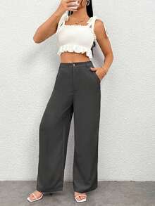 Pantalones casuales simples de unicolor para mujer para usar todos los días - Gris Oscuro - Ver 7