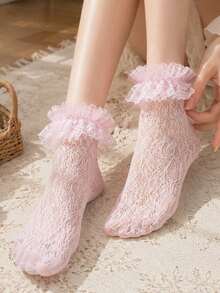 1 Pair Women's Sweet Ruffle Lace Sheer Ankle Socks, Cute Lolita Style, Thin Socks For Spring And Summer, Suitable For Daily And Party Wear - Multicolor - View 2