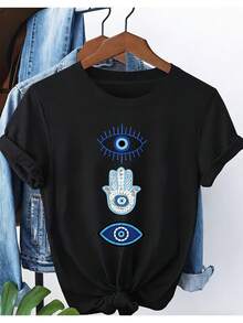 Camiseta extragrande de talla grande para mujer - Estampado gráfico de ojo azul, cuello redondo minimalista, manga corta, camiseta cómoda, chic y favorecedora para curvas para toda temporada, atuendos casuales y diarios (compatible con tallas grandes, ajuste extragrande elegante) - Negro - Ver 6