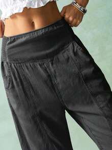 BohoFeels Pantalones rectos de mujer de unicolor, versátiles y de tejido sencillo - Negro - Ver 4