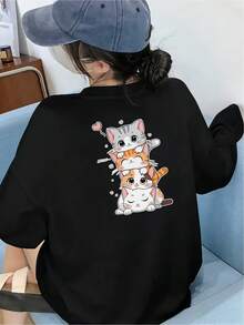 Funny Cat T-Shirt, Artistic Unique Design, Original Casual Clothing With Colorful Print, Modern Style, One Size Fits All, For Cat Lovers, Black Color, Youth Fashion, Trending Now. - 黑色 - 查看 1