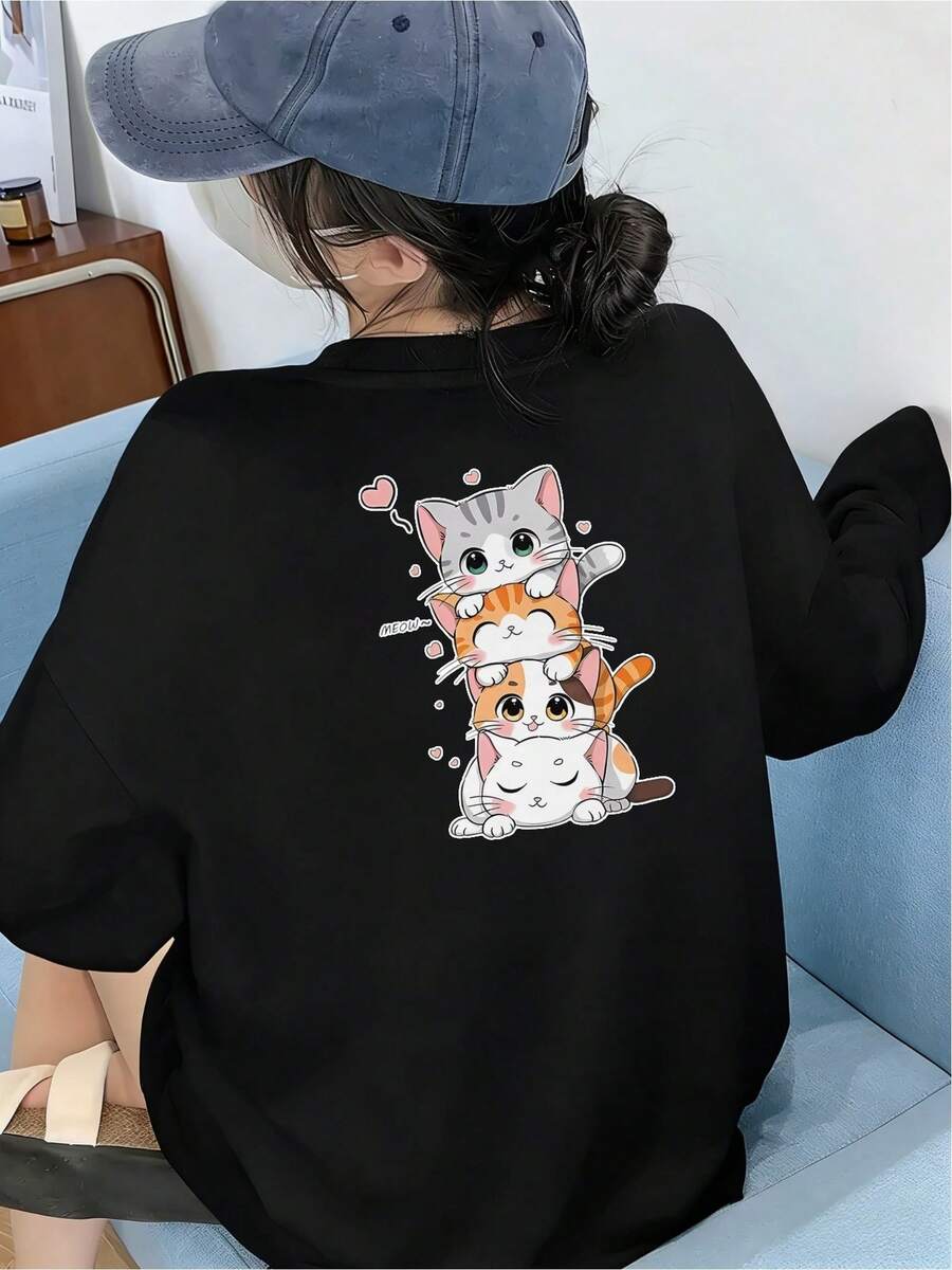 Funny Cat T-Shirt, Artistic Unique Design, Original Casual Clothing With Colorful Print, Modern Style, One Size Fits All, For Cat Lovers, Black Color, Youth Fashion, Trending Now. - 黑色 - 查看 1