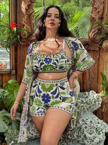 Swim Vcay Set de 3 piezas de traje de baño tipo tankini con estampado floral para mujer talla grande, conjunto casual de playa de verano - Multicolor 3 - Ver 6