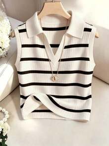 Chaleco de punto casual y elegante con cuello y rayas para mujer - Blanco y Negro - Ver 3