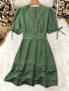 Clasi Vestido mini de manga abullonada con ribete de encaje de unicolor para mujer, para verano - Verde 2 - Ver 3