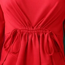 Elegant European And American Winter Two-Piece Set, Featuring Ruffles, Adjustable Drawstring, Long Sleeves, And A Fitted Waist. - Red - View 4