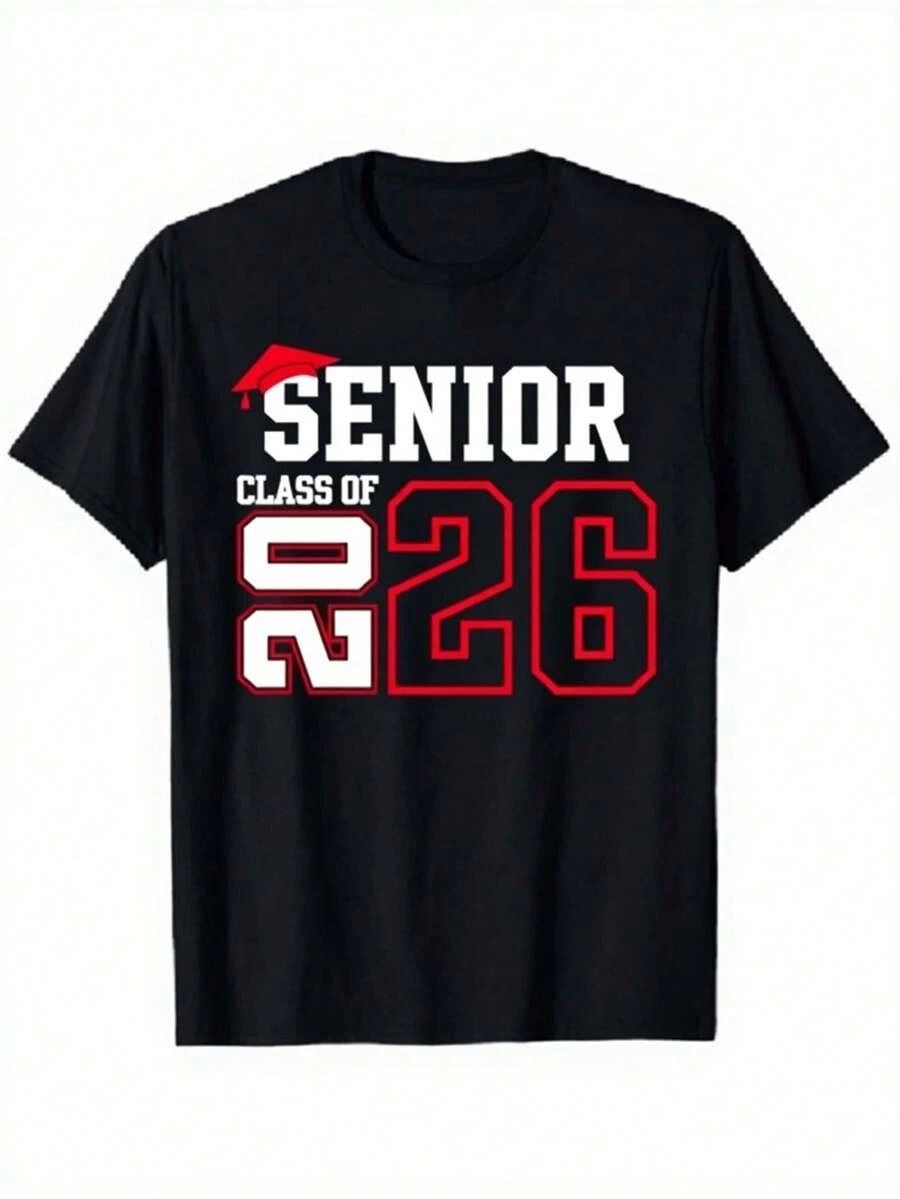 Class Of 2026 Graduation T-Shirt, Red And White Letter Print, Short Sleeve, Crew Neck, Casual Daily Wear, Graduation Gift, Winter Gift For Outdoor Lovers, Perfect For Dad, Husband, Family, 180gsm Gym T-Shirt, Unisex Fabric Texture, Holiday Outfit, Soft Material, Y2k T-Shirt - 黑色 - 查看 1