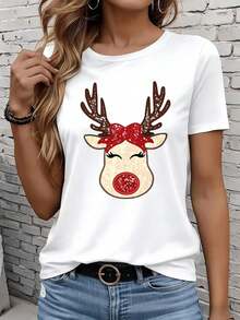 Las camisetas de manga corta para mujer en blanco y negro son adecuadas para el ocio diario, el hogar y los viajes al aire libre. Camiseta con diseño de cara de reno navideño para mujer, blanca, divertida, con lazo rojo y nariz brillante, top casual para la temporada festiva, regalo para fiestas navideñas. - Blanco - Ver 7