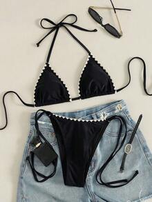 Bikini de mujer de unicolor con escote halter y lazos, estilo sexy, minimalista y elegante para playa, vacaciones, viajes y fiestas, nueva colección primavera/verano - brotes de color beige oscuro - Ver 2