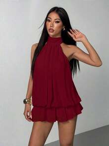 Vestido mini elegante de mujer con escote halter y lazo en color beige - Burdeos - Ver 7