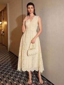 Vestido minimalista y estilizador con diseño de encaje y parches para mujer - Amarillo claro - Ver 4