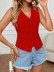 Chaleco sin mangas elegante y casual para uso diario en verano para mujeres - Rojo - Ver 4