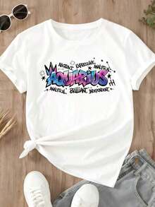 1 Piece Of Loose-Fitting Casual T-Shirt With Aquarius Zodiac Sign Graphic Print, Abstract, Expressive, Analytical, Bright And Independent Design For Daily Wear And Sports Activities, 180g 100% Cotton. - 黑色 - 查看 9